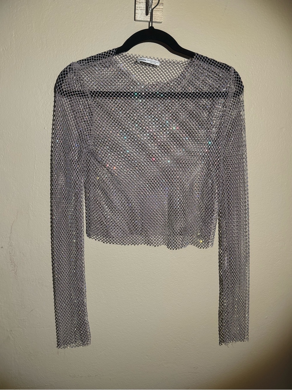 Bershka Silver Sequined Mesh Long-Sleeve Crop Top